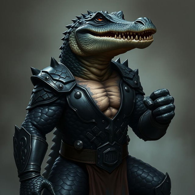 Create an image of an adult crocodile-man with a humanoid body and face