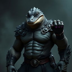 Create an image of an adult crocodile-man with a humanoid body and face