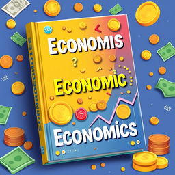 A vibrant and animated book cover centered around economics, featuring elements related to money such as coins, banknotes, and financial graphs