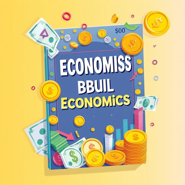 A vibrant and animated book cover centered around economics, featuring elements related to money such as coins, banknotes, and financial graphs