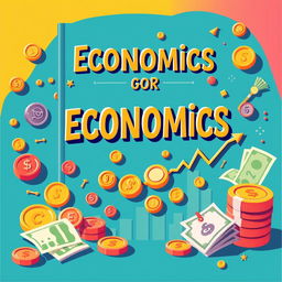 A vibrant and animated book cover centered around economics, featuring elements related to money such as coins, banknotes, and financial graphs