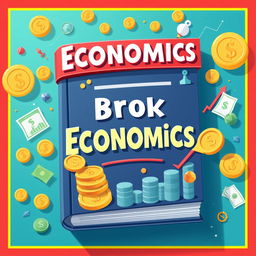 A vibrant and animated book cover centered around economics, featuring elements related to money such as coins, banknotes, and financial graphs