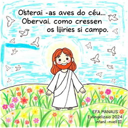Create a children's drawing of Jesus in a field with birds in the sky