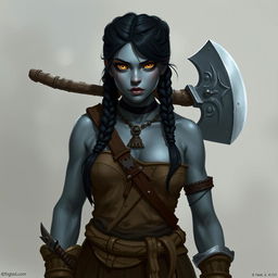 A female Half-orc barbarian standing at 6 feet 4 inches tall