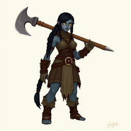 A female Half-orc barbarian standing at 6 feet 4 inches tall