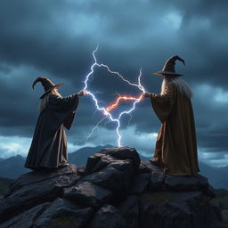 Two wizards are standing on a mountain, casting lightning spells at each other