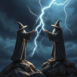 Two wizards are standing on a mountain, casting lightning spells at each other