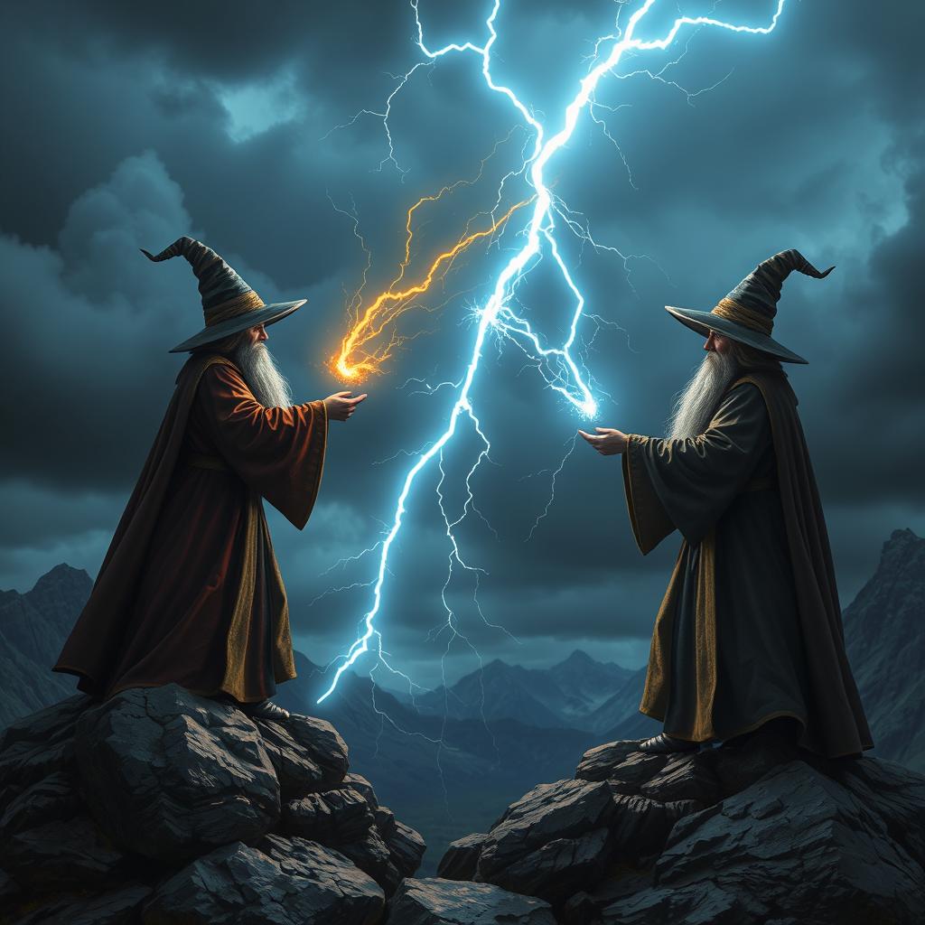 Two wizards are standing on a mountain, casting lightning spells at each other