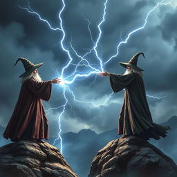 Two wizards are standing on a mountain, casting lightning spells at each other