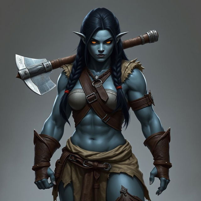 A female Half-orc barbarian standing at 6 feet 4 inches tall