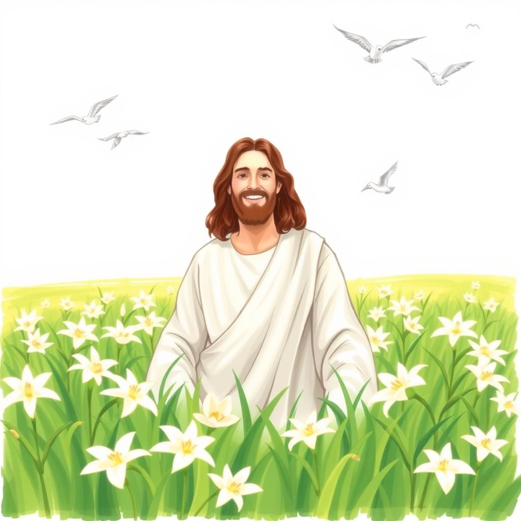 A drawing of Jesus in a field surrounded by lilies with birds flying in the sky