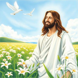 A drawing of Jesus in a field surrounded by lilies with birds flying in the sky