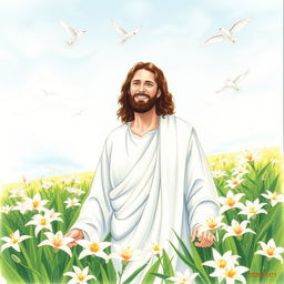 A drawing of Jesus in a field surrounded by lilies with birds flying in the sky