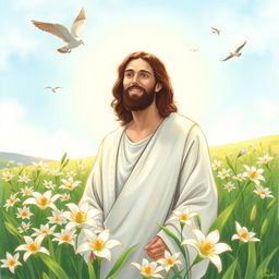 A drawing of Jesus in a field surrounded by lilies with birds flying in the sky