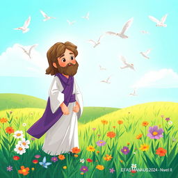 Crie um desenho infantil de Jesus em um campo com pássaros no céu