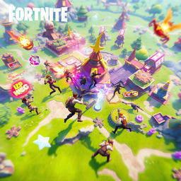 A vibrant and action-packed scene of Fortnite gameplay, featuring characters engaged in an intense battle on a dynamic map with various structures and landscapes