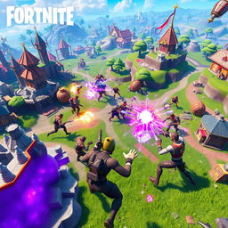 A vibrant and action-packed scene of Fortnite gameplay, featuring characters engaged in an intense battle on a dynamic map with various structures and landscapes