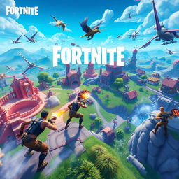 A vibrant and action-packed scene of Fortnite gameplay, featuring characters engaged in an intense battle on a dynamic map with various structures and landscapes