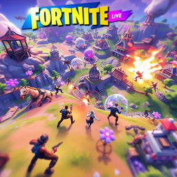 A vibrant and action-packed scene of Fortnite gameplay, featuring characters engaged in an intense battle on a dynamic map with various structures and landscapes