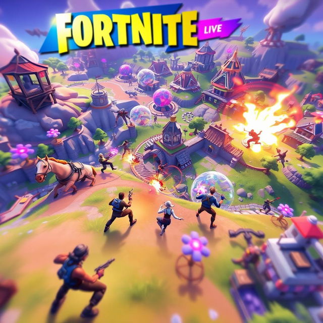 A vibrant and action-packed scene of Fortnite gameplay, featuring characters engaged in an intense battle on a dynamic map with various structures and landscapes