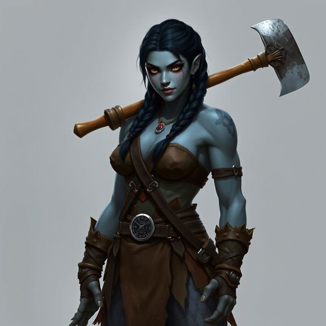 A female Half-orc barbarian standing at 6 feet 4 inches tall