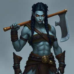 A female Half-orc barbarian standing at 6 feet 4 inches tall