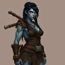 A female Half-orc barbarian standing at 6 feet 4 inches tall