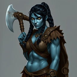 A female Half-orc barbarian standing at 6 feet 4 inches tall