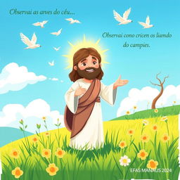 Crie um desenho infantil de Jesus em um campo com lírios e pássaros no céu