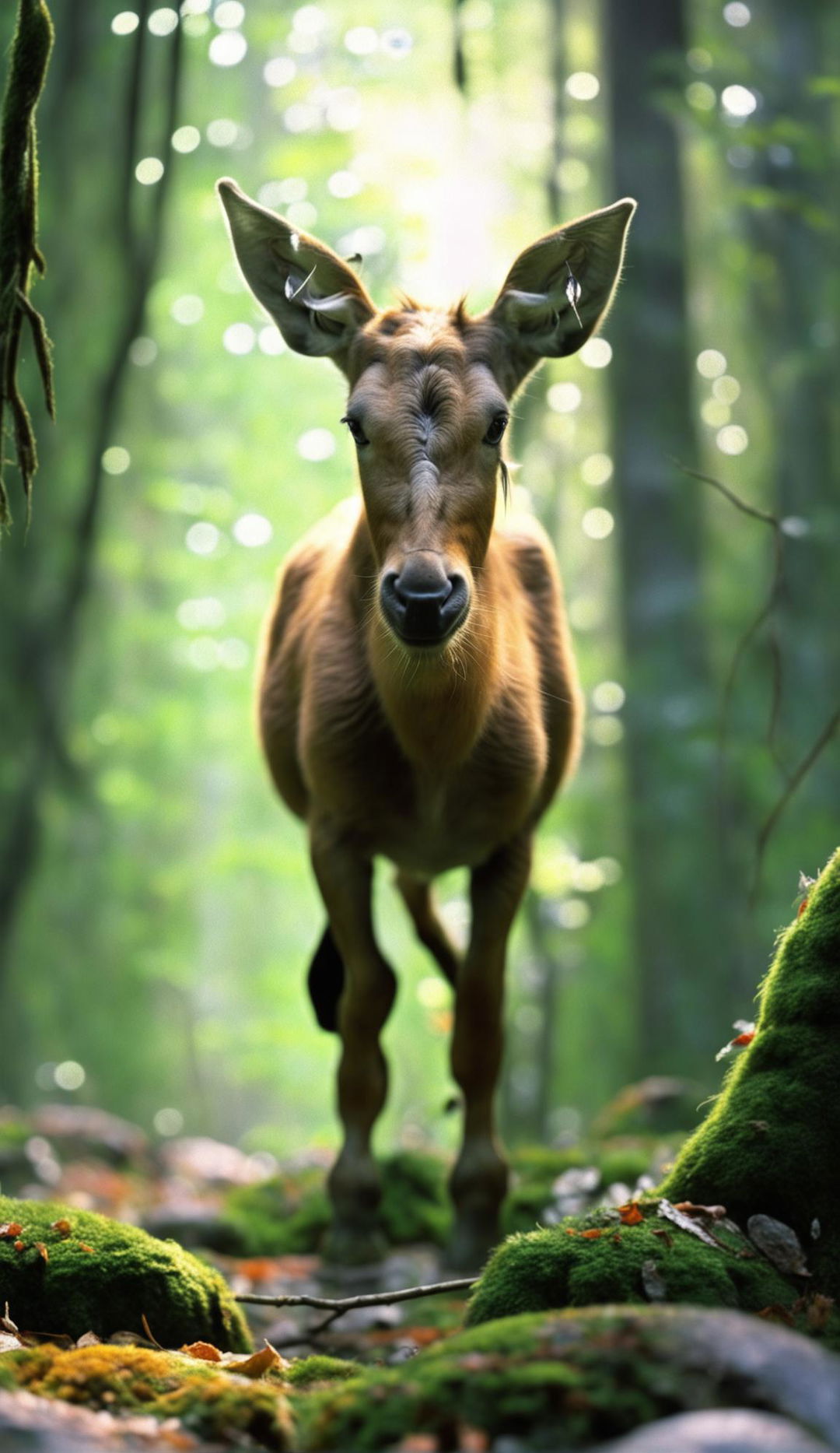 A symmetrical-faced creature with human features but no ears and hooves for feet, captured in a high-definition National Geographic style photograph in a lush forest.