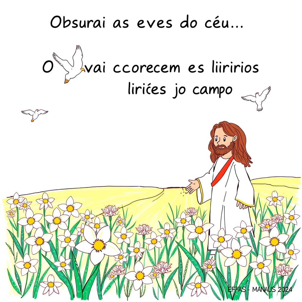 Create a children's drawing of Jesus in a field with lilies and birds in the sky