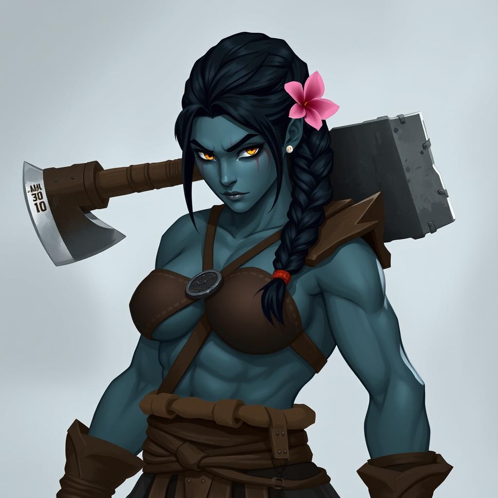 A female Half-orc barbarian standing at 6 feet 4 inches tall