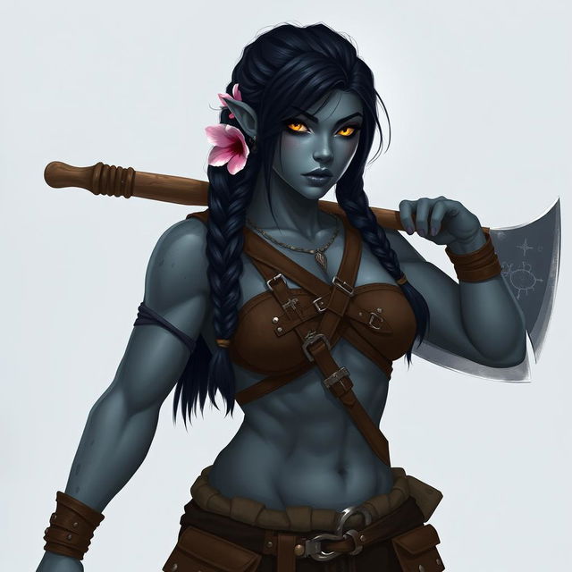 A female Half-orc barbarian standing at 6 feet 4 inches tall