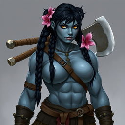 A female Half-orc barbarian standing at 6 feet 4 inches tall