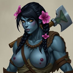 A female Half-orc barbarian standing at 6 feet 4 inches tall