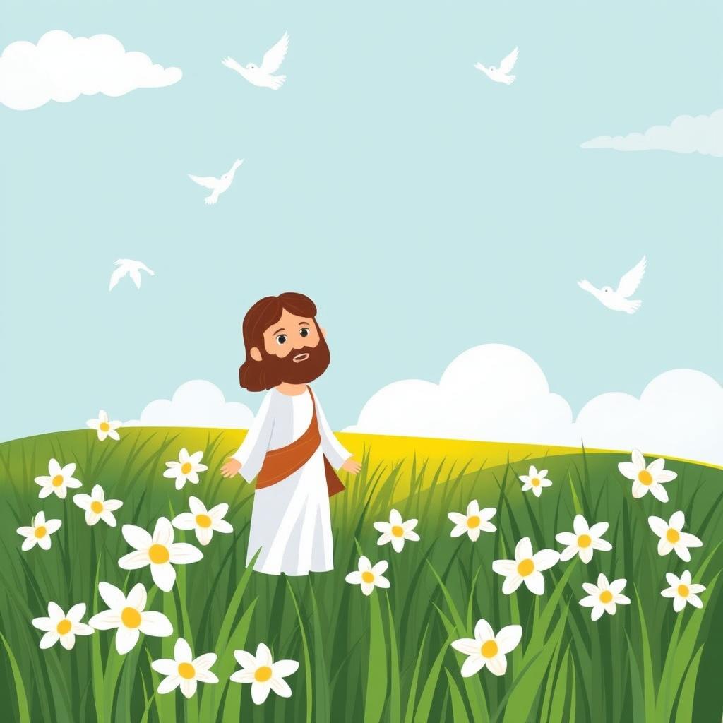 Create a children's drawing of Jesus in a field with lilies and birds in the sky