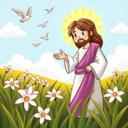 Create a children's drawing of Jesus in a field with lilies and birds in the sky