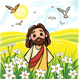 Create a children's drawing of Jesus in a field with lilies and birds in the sky