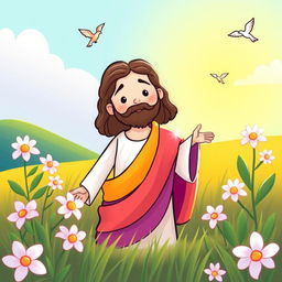 Create a children's drawing of Jesus in a field with lilies and birds in the sky