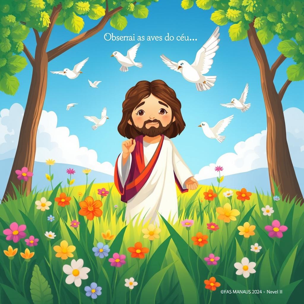 Crie um desenho infantil de Jesus em um campo com flores lírios e pássaros no céu