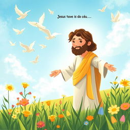 Crie um desenho infantil de Jesus em um campo com flores lírios e pássaros no céu