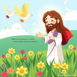 Crie um desenho infantil de Jesus em um campo com flores lírios e pássaros no céu