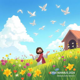 Crie um desenho infantil de Jesus em um campo com flores lírios e pássaros no céu