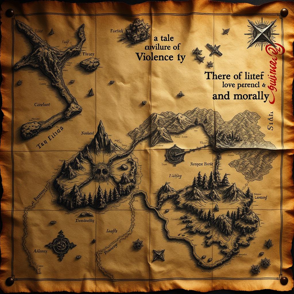 An old fantasy map with aged parchment details, mysterious land features, and weathered edges