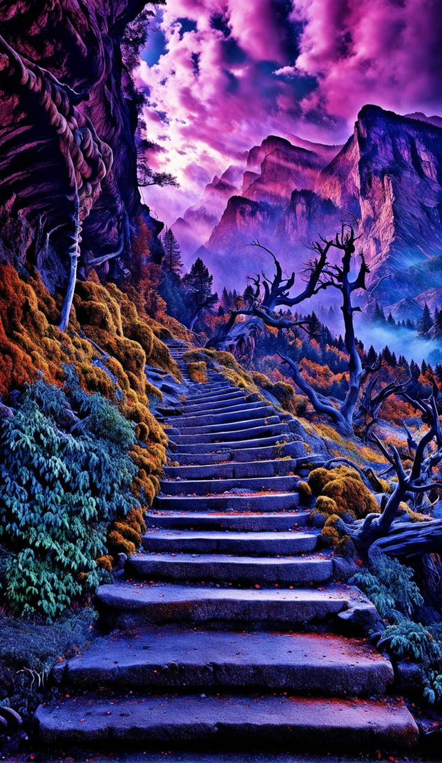 A high-definition photograph of a Roger Dean-inspired landscape with a moss-covered stone stairway spiraling upwards into a vibrant sky, colossal trees, and distant mountains.