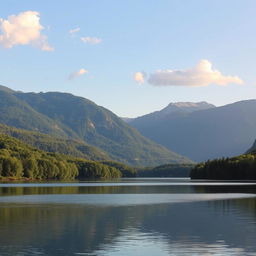 A serene landscape featuring a calm lake surrounded by lush green trees and mountains in the background