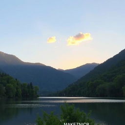 A serene landscape featuring a calm lake surrounded by lush green trees and mountains in the background