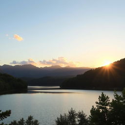 A serene landscape featuring a calm lake surrounded by lush green trees and mountains in the background