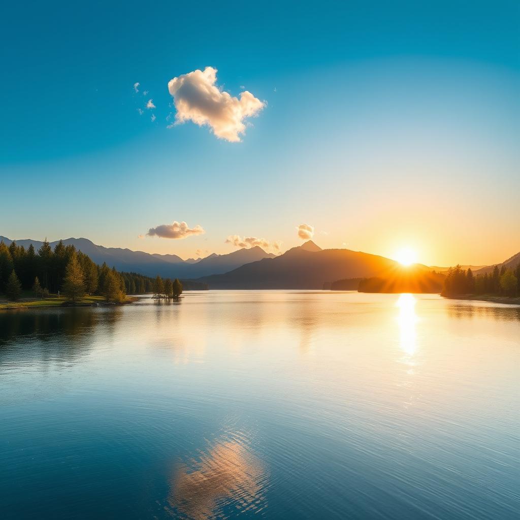 A serene landscape featuring a calm lake surrounded by lush green trees and mountains in the background