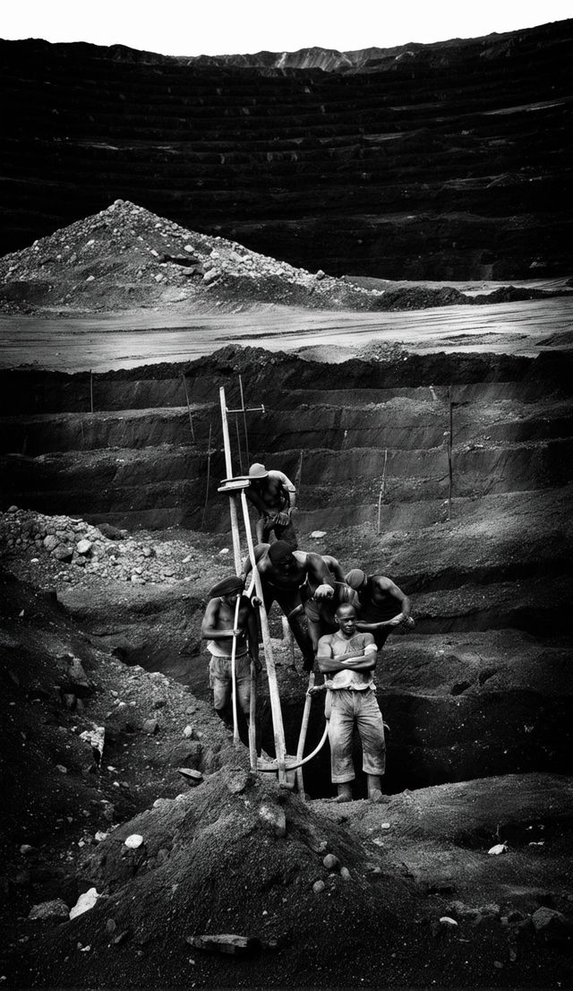 Black and white photograph in Sebastião Salgado's style depicting miners at work in an open-pit mine, capturing their struggle and resilience.